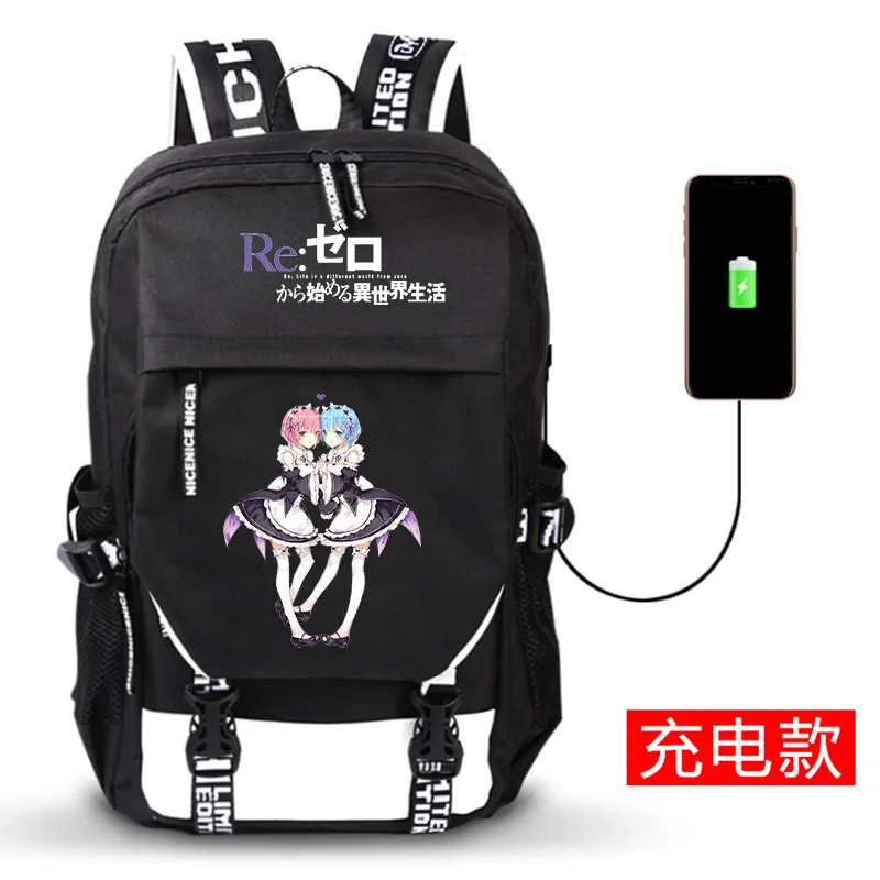Re: жизнь в другом мире от Zero Ram Rem мультфильм рюкзак USB зарядка Подростковая