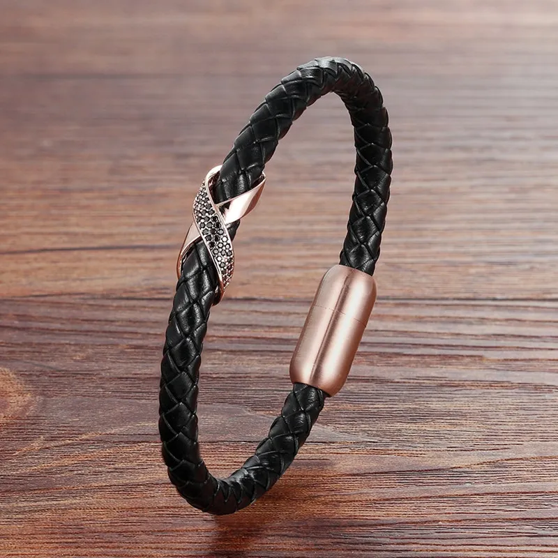 Black-rose gold TYO, роскошный бренд, нержавеющая сталь, х стразы, очаровательные магнитные застежки, Плетеный черный кожаный браслет для мужчин и женщин, подарки на день рождения - Окраска металла: Black-rose gold
