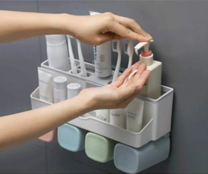 

Toothbrush Holder Set No Drill Wall Mount Toothpaste Dispenser and Multi-Functional Slots Bathroom Organizer with Water Drainer