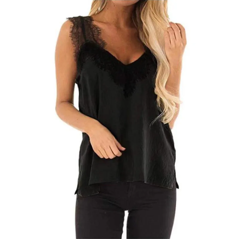 Women Sexy V-Neck Top Summer New Backless Lace Halter Loose T Shirt Fashion Sleeveless Plus Size Tee - Цвет: Черный