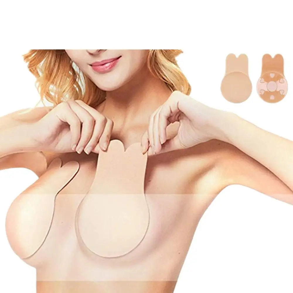 1 pair beige Силиконовый бюстгальтер с большой грудью, женское самоклеющееся нижнее белье без бретелек, бюстгальтер с эффектом пуш-ап, невидимое нижнее белье с заячьими ушками, липкий сексуальный бюстгальтер - Цвет: 1 pair beige