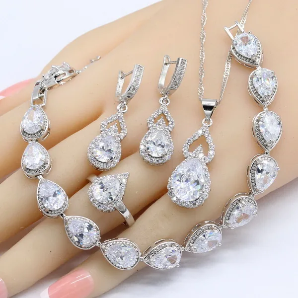 White Cubic Zircnoia 925 Sterling Silver Bridal Jewelry Sets For Women Bracelet Earrings Necklace Pendant Rings Gift Box - Окраска металла: 4PCS