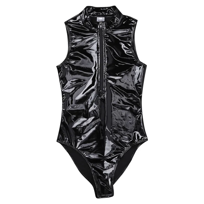 Женские с высокой посадкой Wetlook лакированная кожа Бюст молния трико Один кусок без рукавов боди Купальник комбинезон Клубная одежда боди