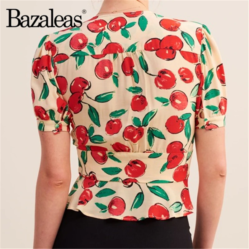 Bazaleas Франция кремовая вишня принт blusas винтажная женская блузка тонкие центральные значки blusa feminina Модные Топы Прямая