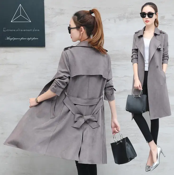 Осенний замшевый тренч для женщин Abrigo Mujer Длинная Элегантная верхняя одежда женское пальто тонкий красный замшевый кардиган Тренч - Цвет: Темно-серый