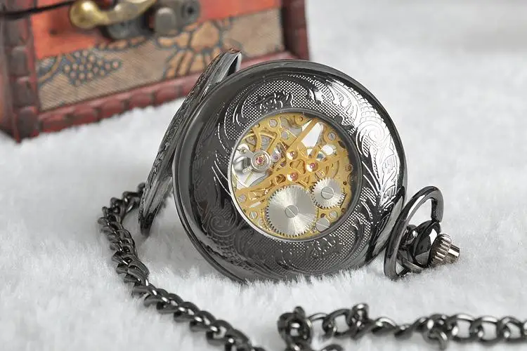 Antique Black Sunflower Hollow Relief Mechanical Pocket Watch Vintage Steampunk Fob Chain Men's Watch Women's Festival Gift