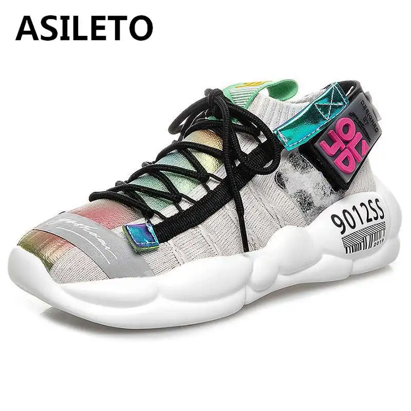 

ASILETO 2019 Women Sneakers Cross-tied platform sneakers Casual Shoes Woman Breathable Quality Sport knitting high top ladies