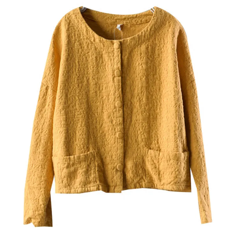 Куртка женская демисезонная короткая из хлопка и льна с длинным рукавом круглым