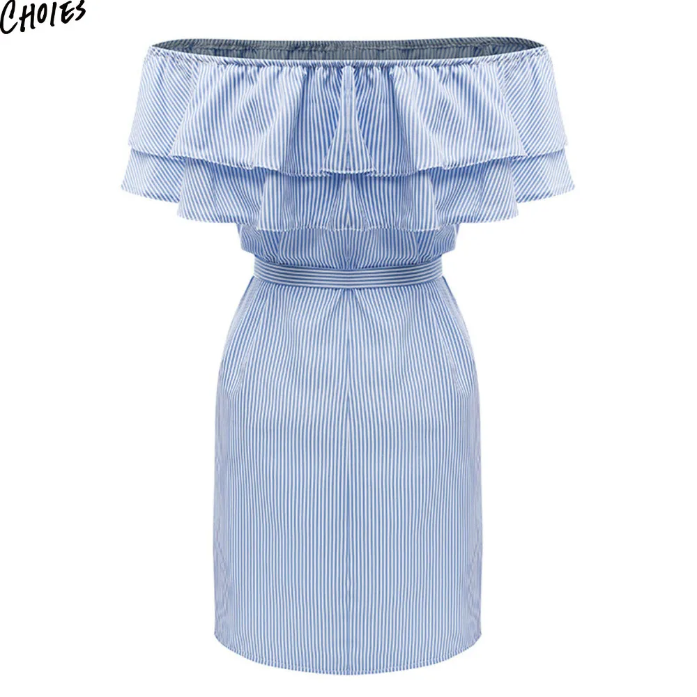Женское многослойное платье мини в полоску с открытыми плечами оборками поясом и