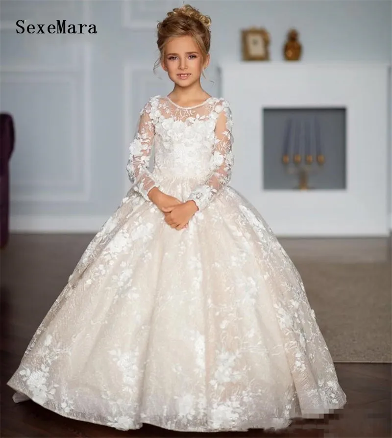 High Quality White/Ivory First Communion Dress For Little Girl Long Sleeve A-Line Kids Wedding Party Pageant Gown Size2-16 | Детская