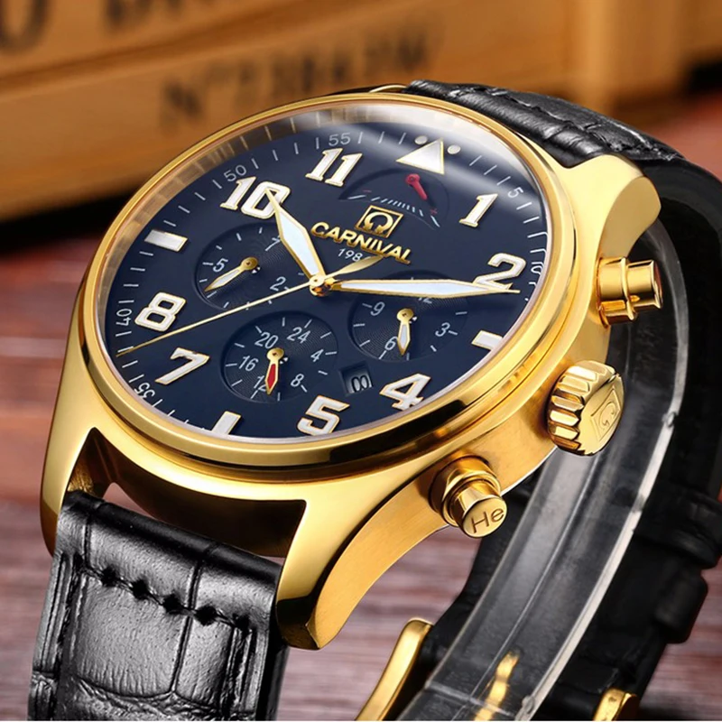 Механические часы Carnival Diver 150 м, водонепроницаемые автоматические часы, мужские спортивные военные часы с кожаным ремешком Xfcs, мужские часы kol saati