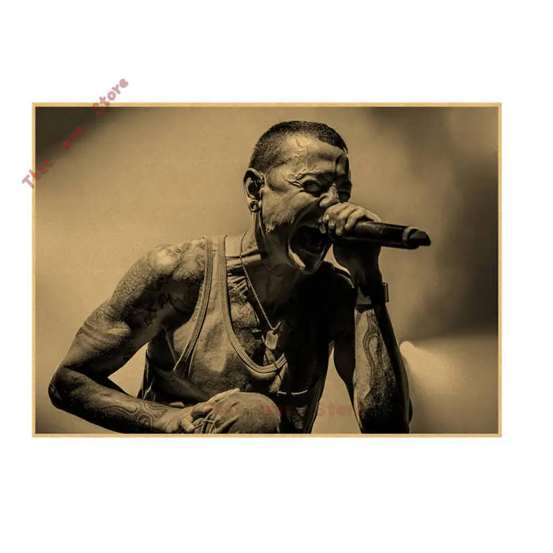 Винтажная ретро-рок-группа Linkin park, музыкальная гитара, матовая крафт-бумага, античный плакат, настенная наклейка, домашний декор - Цвет: Темный хаки