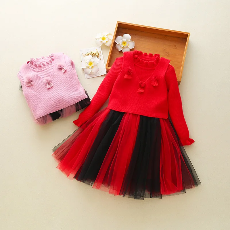 Christmas Autumn Knit Sweater Girls Dresses Casual Long-sleeved Wedding Chiffon Tutu Dress Cute Princess Party Tulle | Детская одежда и