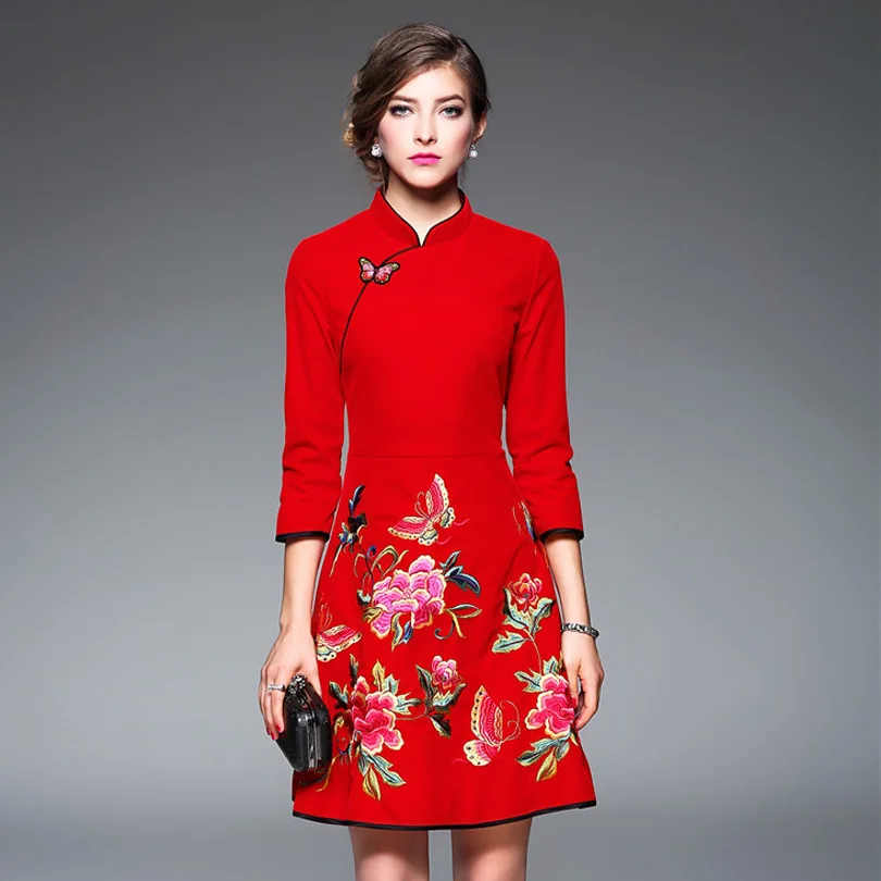 Красный цветок Qipao женское современное традиционное китайское Новогоднее платье