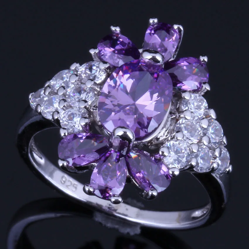 

Glowing Plant Purple Cubic Zirconia White CZ Silver Plated Ring V0637