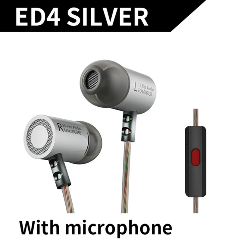 KZ ED4 Silver Mic KZ ED4 металлические стерео наушники, медная ковка, шумоизоляция, Hifi наушники-вкладыши, музыкальные наушники с микрофоном для мобильного телефона, MP3, MP4 - Цвет: KZ ED4 Silver Mic