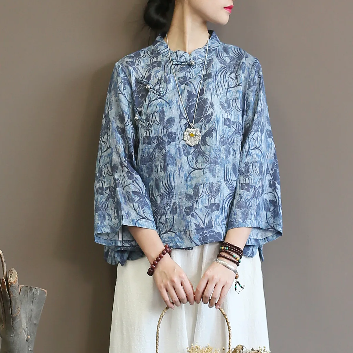 Женские стильные рубашки и блузки в китайском стиле Осенние новые синие топы с