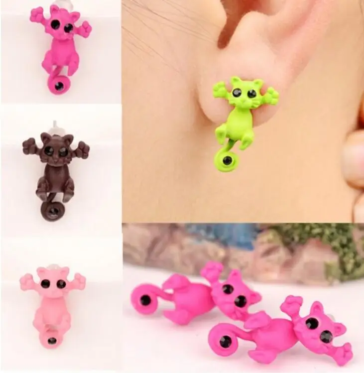 Детские серьги гвоздики с милым котом для девочек 3D изображением животных модные