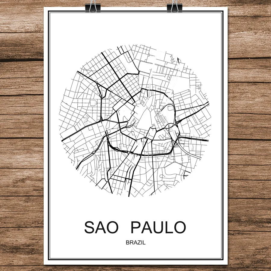 Черный белый цвет карта городов мира-Паулу Бразилия принт с покрытием Бумага для