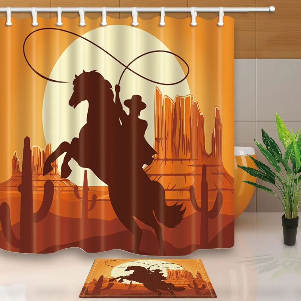 Западные ковбои на лошади в пустыне с горами плесени устойчивы полиэстер ткань