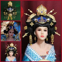 blue gold series tang dynasty empress hair tiara for tv play legend of tang empress wu meiniang drama tiara hanfu headpiece