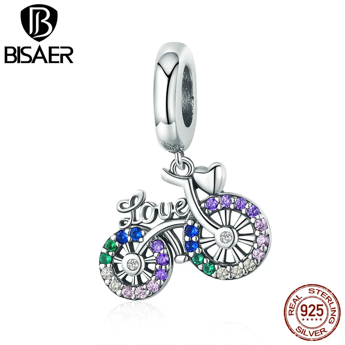 BISAER 925 пробы серебро красочные CZ велосипед кулон очаровательный подрходит к