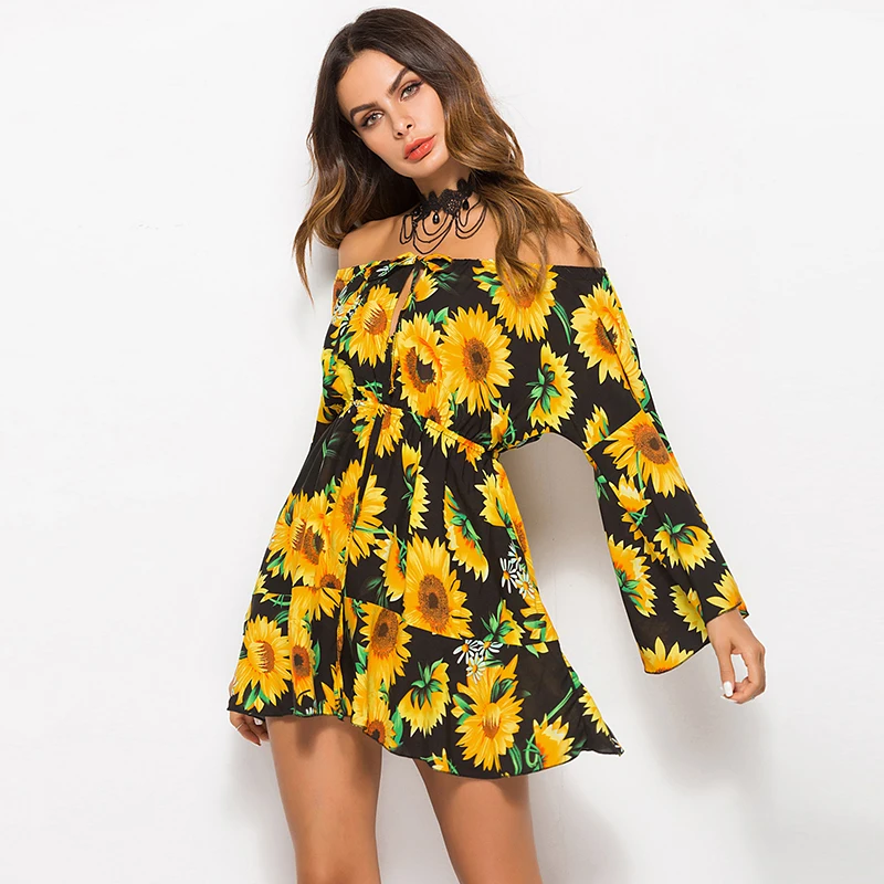 Лето Boho пляж цветочные Сексуальная Мини женское платье с открытыми плечами