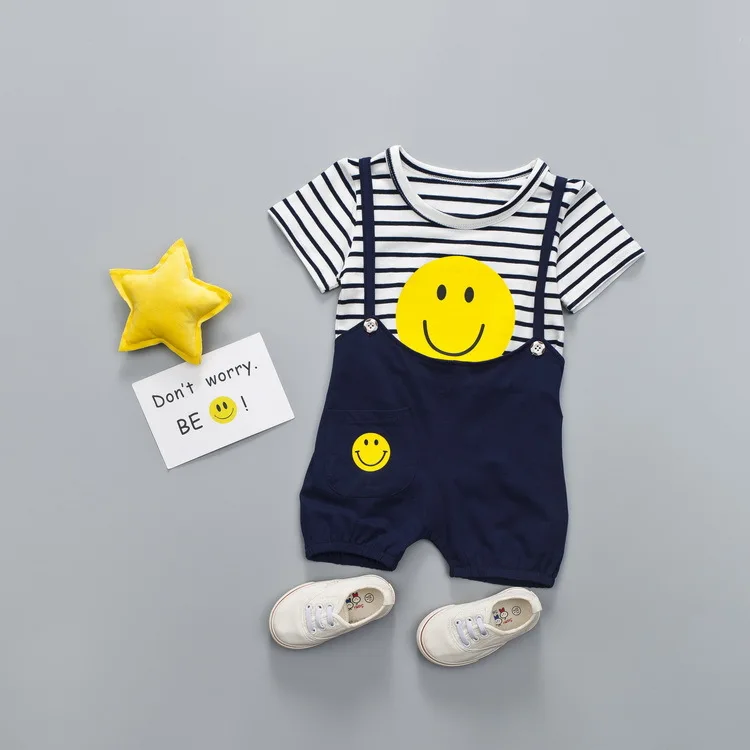 

Toddler Baby Boy Clothes New Sports Suit For Boy Girls Summer Stripe Printed T-Shirt + Overall Shorts Children Boys Clothing Set