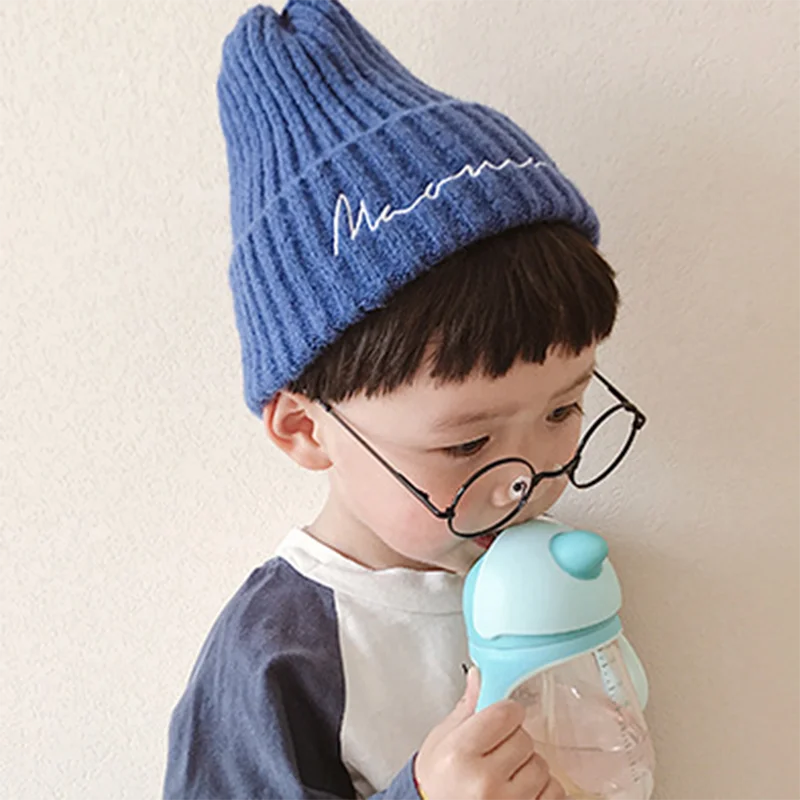 Детская шляпа вязаная шерстяная шапка с вышитыми буквами одноцветная шапки