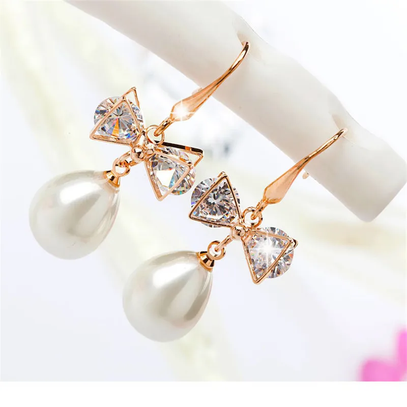 1 пара/лот модные висячие серьги из розового золота с кристаллами и бантом