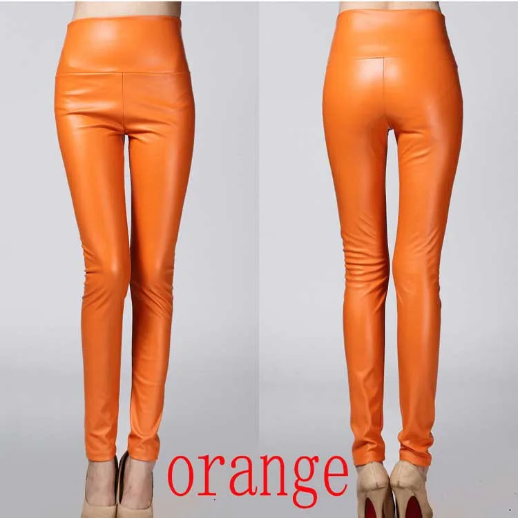 orange Женские леггинсы на осень и зиму, обтягивающие леггинсы из искусственной кожи, облегающие леггинсы из искусственной кожи, женские модные брюки из плотного флиса - Цвет: orange