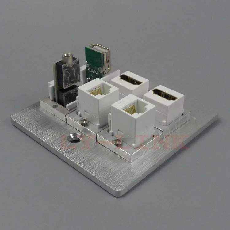 Алюминиевая HDMI настенная пластина с 2 X RJ45, 2 X HDMI, USB, 3,5 мм аудио и поддержка DIY