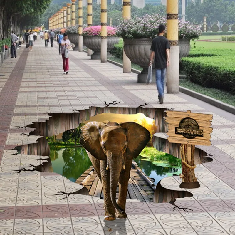 

Free Shipping Elephant Wood Bridge Stream 3D flooring wallpaper waterproof PVC shopping mall floor wallpaper mural