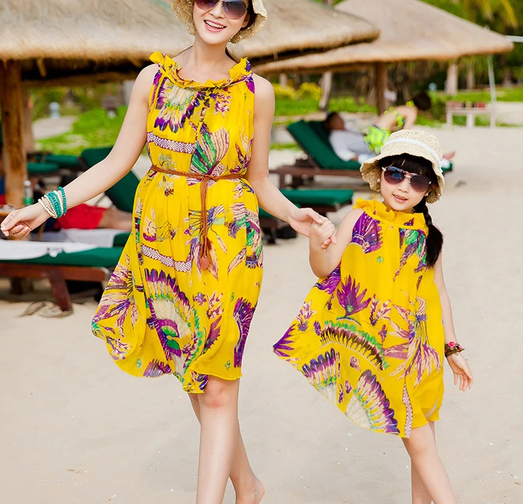 Шифоновое пляжное платье с цветочным принтом для мамы и дочки|mother daughter matching|mother