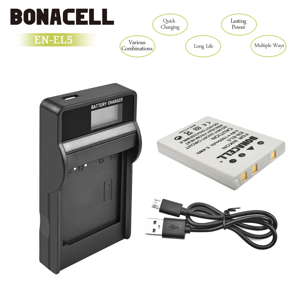 1X Battery Charger Bonacell 1500 мА/ч, EN-EL5 цифровой Камера Батарея+ ЖК-дисплей Зарядное устройство для цифровой камеры Nikon Coolpix P4 P80 P90 P100 P500 P510 P520 P530 P5000 P5100 L50 - Цвет: 1X Battery Charger