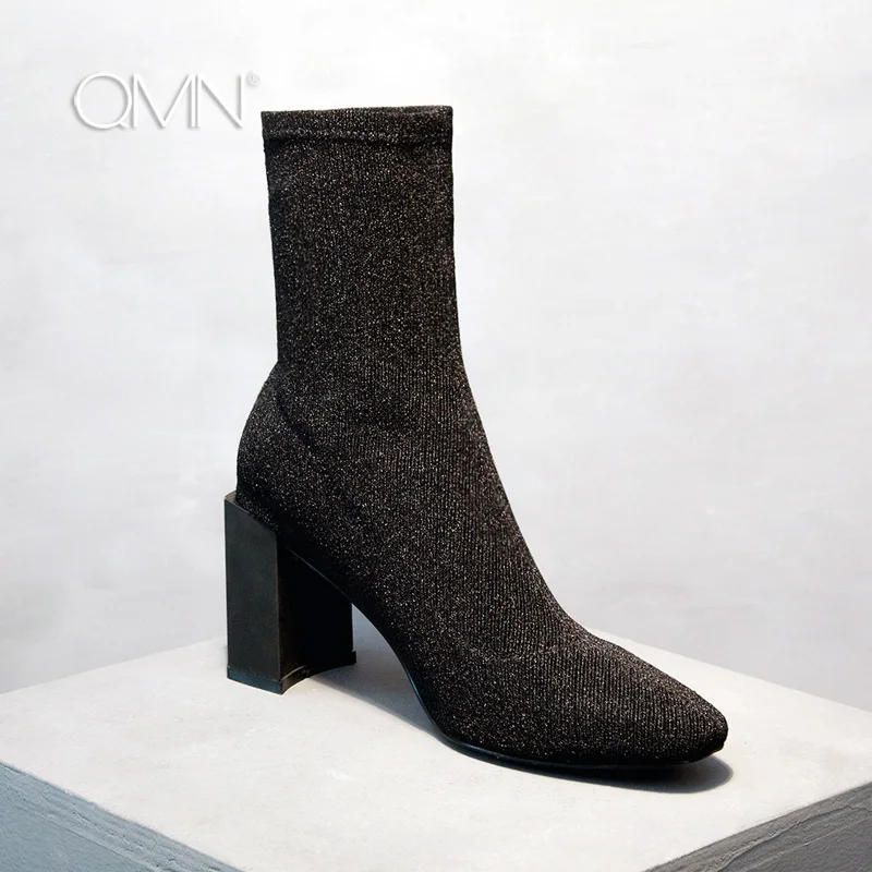 Qmn/женские стрейч fabic ботильоны Для женщин на высоком блочном каблуке квадратный