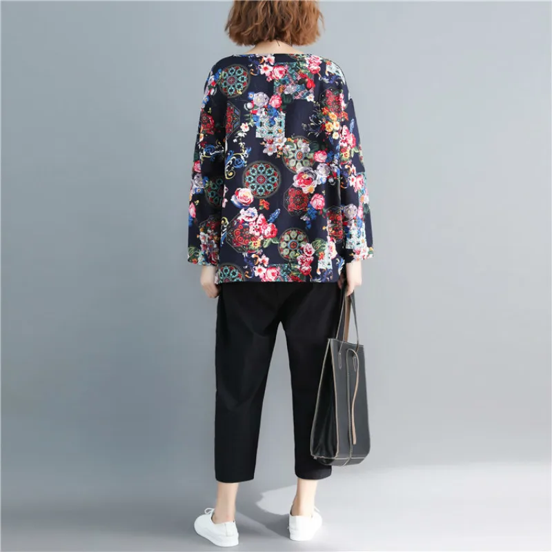 Twojstyle 2018 Autumn New Women's Cotton LinenTop Fashion Large Size Long Sleeve Round Collar Floral Printing Loose Top | Женская