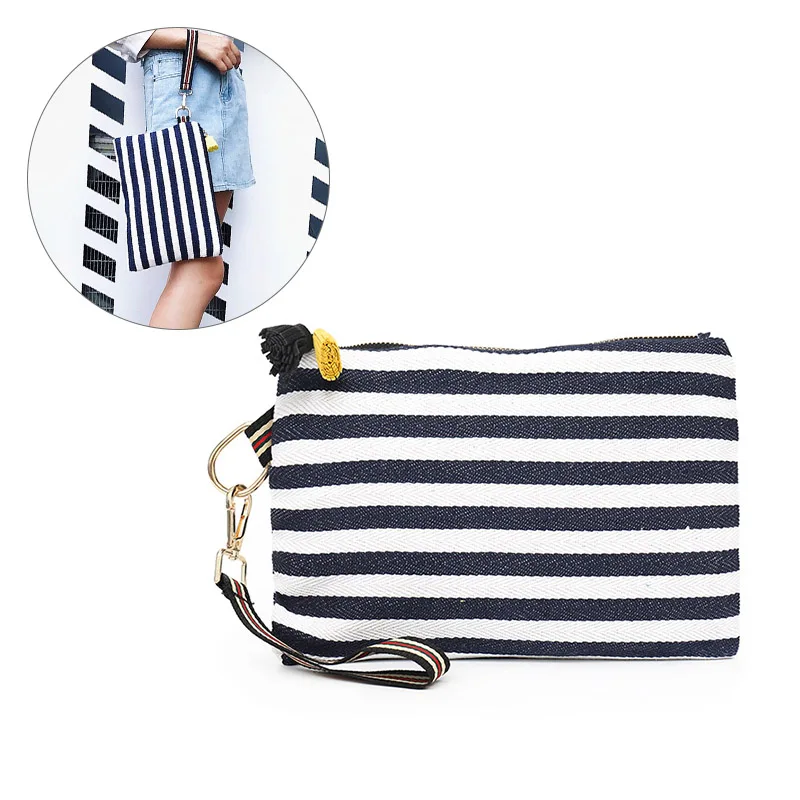 

Fashion Women's Handbags Canvas Striped Tassels Zipper Ladies Hand Bags Casual Clutch Bags Luxury Handbags Women Bags Designer