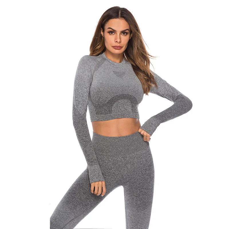 Grey 1111 TZ CX Kaminsky Модные Фитнес-Леггинсы Ombre бесшовный укороченный Топ для женщин комплект из двух предметов Спортивная Толстовка спортивный костюм женские наборы - Цвет: Grey 1111 TZ CX