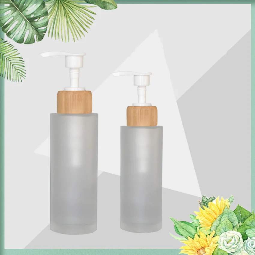 Essence Bottle Bamboo Cap Glass Press Cosmetic Toner Vial Empty Emulsion Refillable Bottle Travel Large-Capacity 100ML 150ML