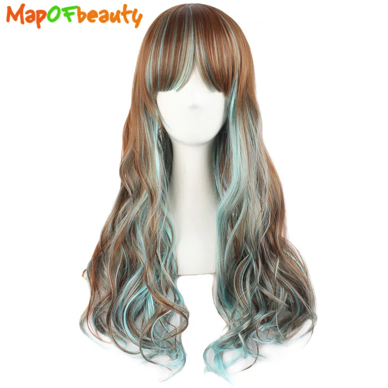 MapofBeauty 24 &quotКосплей парики длинные вьющиеся зеленые плоские взрыва термостойкие