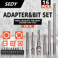 2020 sedy 16pcsset drill socket adapter magnetic bit impact driver with hex shank to square socket drill bit set power tools