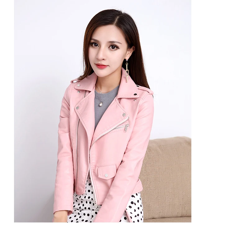 

New Spring Autumn Women Cheap Leather Jacket Slim Punk Style Long Sleeved Zipper Black Pink Short Pu Coats Laides Biker Jackets