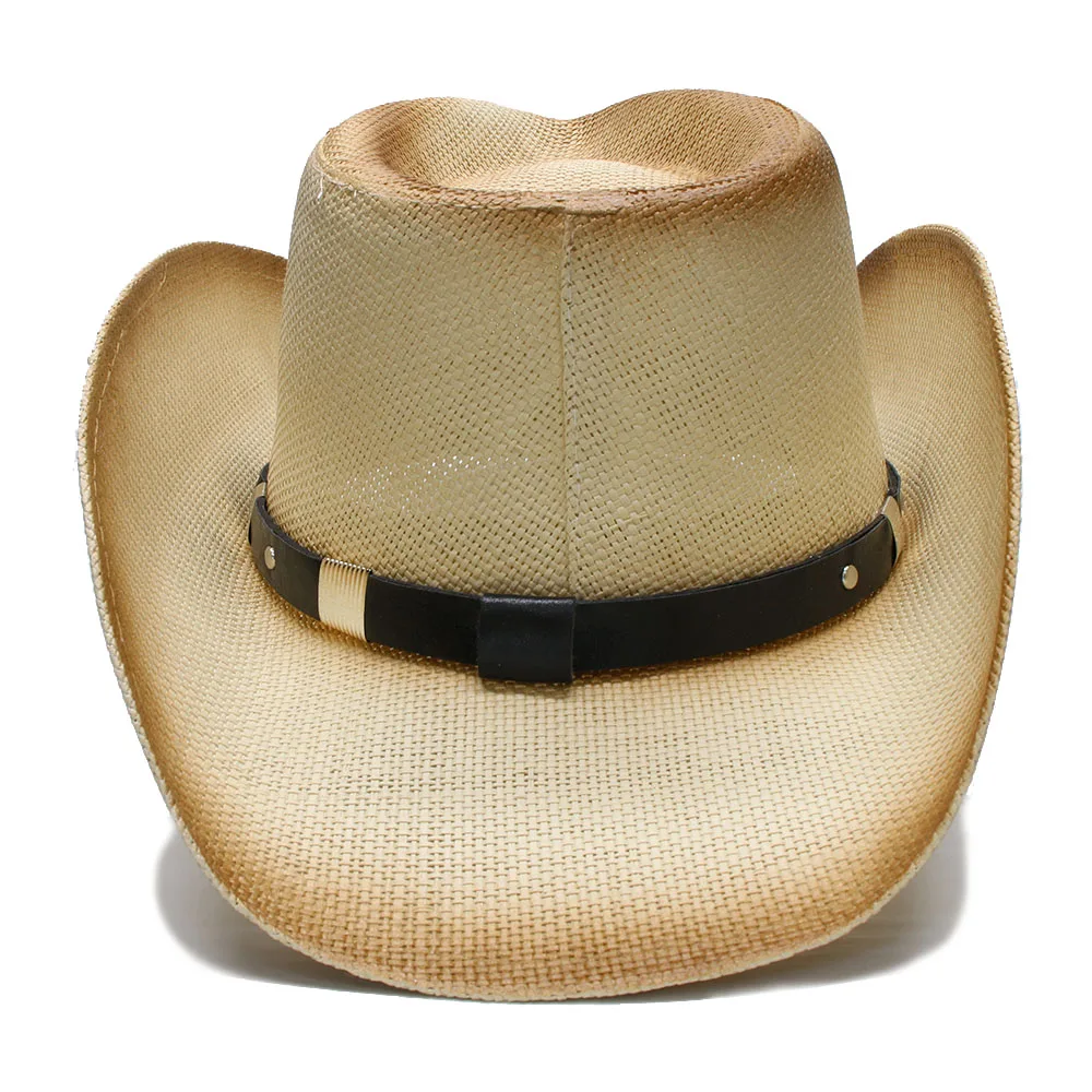 

Retro Style Women's Men's Summer Straw Wide Brim Beach Cowboy Hat Western Cowgirl Diamond Shape Leather Band Fedora 58cm