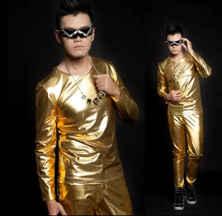 Fashion pants and shirt men long sleeve teenage korean shirt mens punk slim sexy personality stage singer dance gold silver