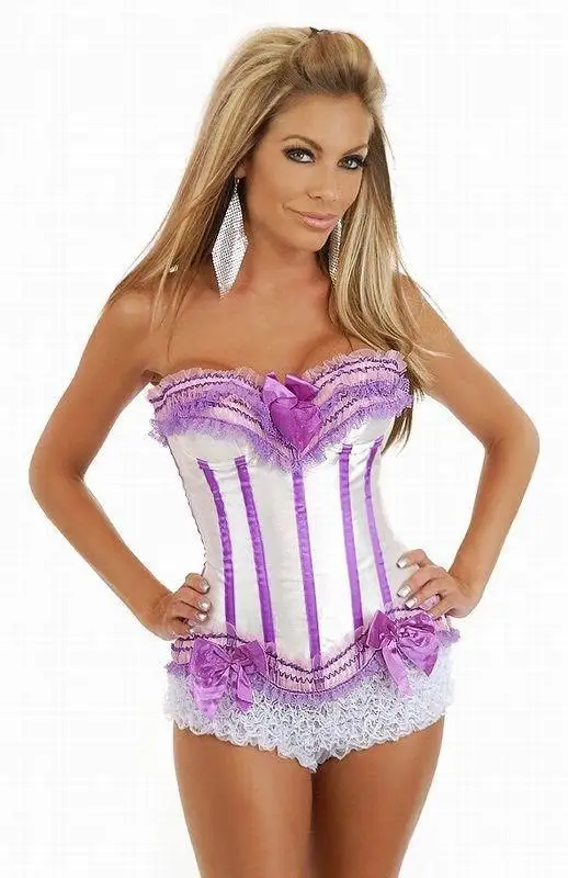 

Corset With Lace Ruffle Trims Sexy Overbust Corsets 3S9440 White And Purple Lace-Up Women Corset