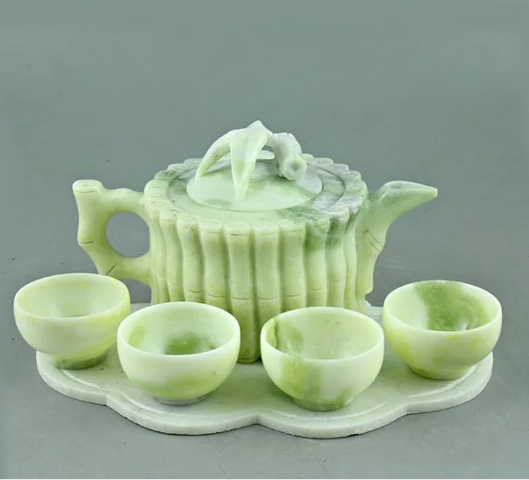 Jade teapot wine set Natural Lantian jade festival high rise tea set Delivery gift box jade crafts