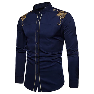 Navy blue Мужская рубашка с длинными рукавами, Новое поступление, модные топы в китайском стиле, мужская хлопковая повседневная одежда с вышивкой, рубашки, размеры EU/us - Цвет: Navy blue