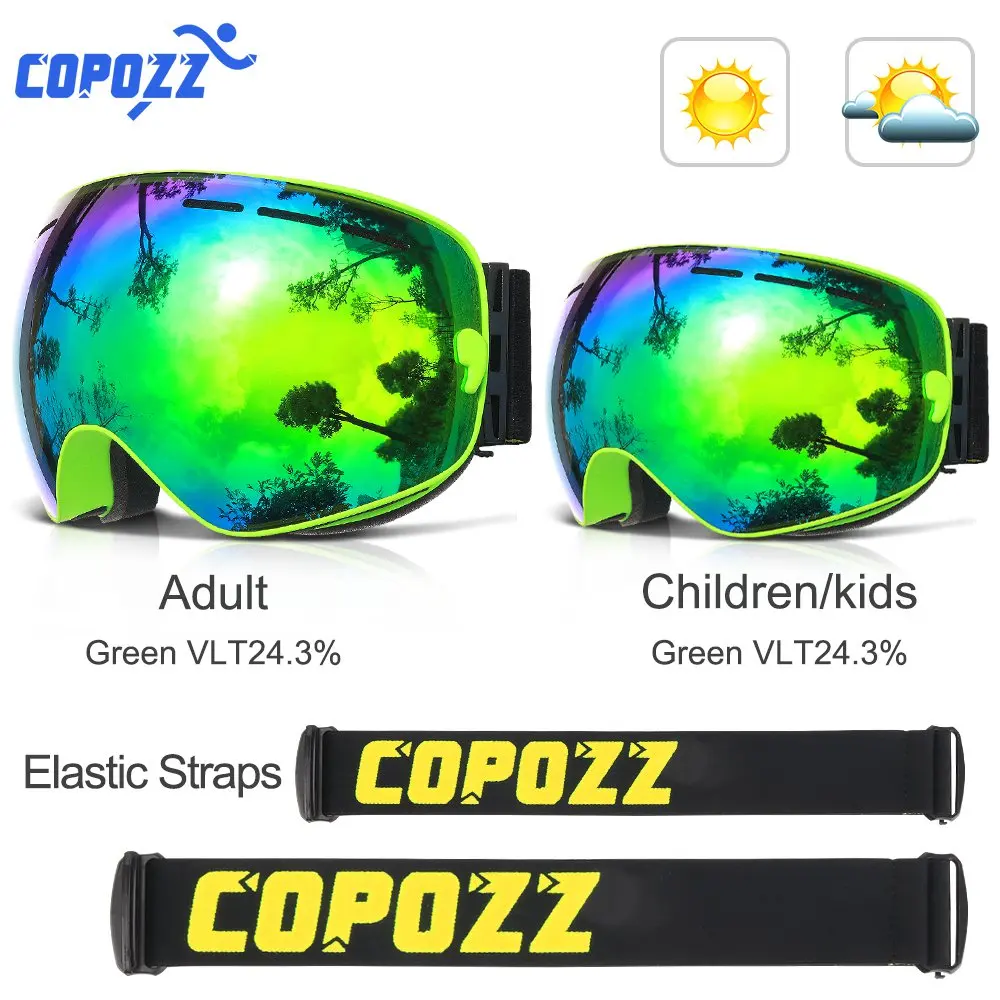 COPOZZ для родителей и детей, лыжные очки, 2 шт. в комплекте, сноуборд, анти-туман, лыжные очки, UV400 для Famliy, для мужчин, женщин, детей, спортивные, снежные очки - Цвет: Green lens