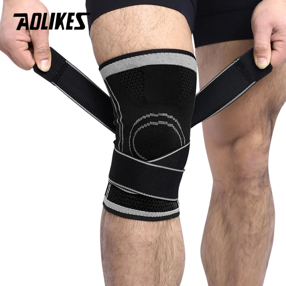 Black with Grey AOLIKES, 1 шт., хит, 3D, под давлением, для фитнеса, бега, повязка для катания на велосипеде, поддержка колена, подтяжки, эластичный, нейлоновый, спортивный, компрессионный коврик - Цвет: Black with Grey